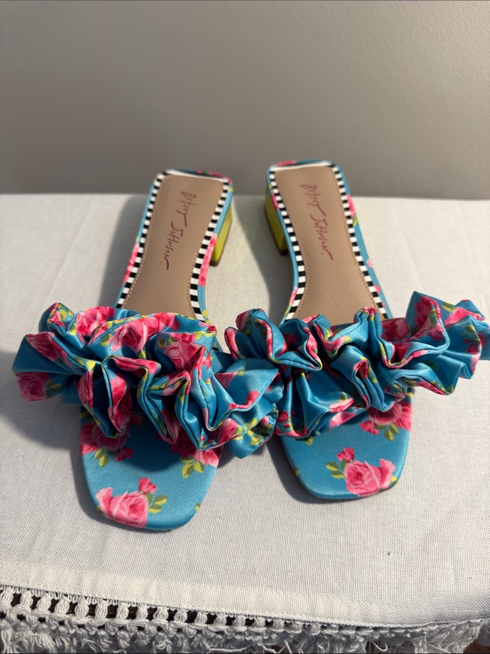 Betsey Johnson Turquoise Floral Ruffle Slide Mules with Lime Green Heel Size 8 - Picture 2 of 6